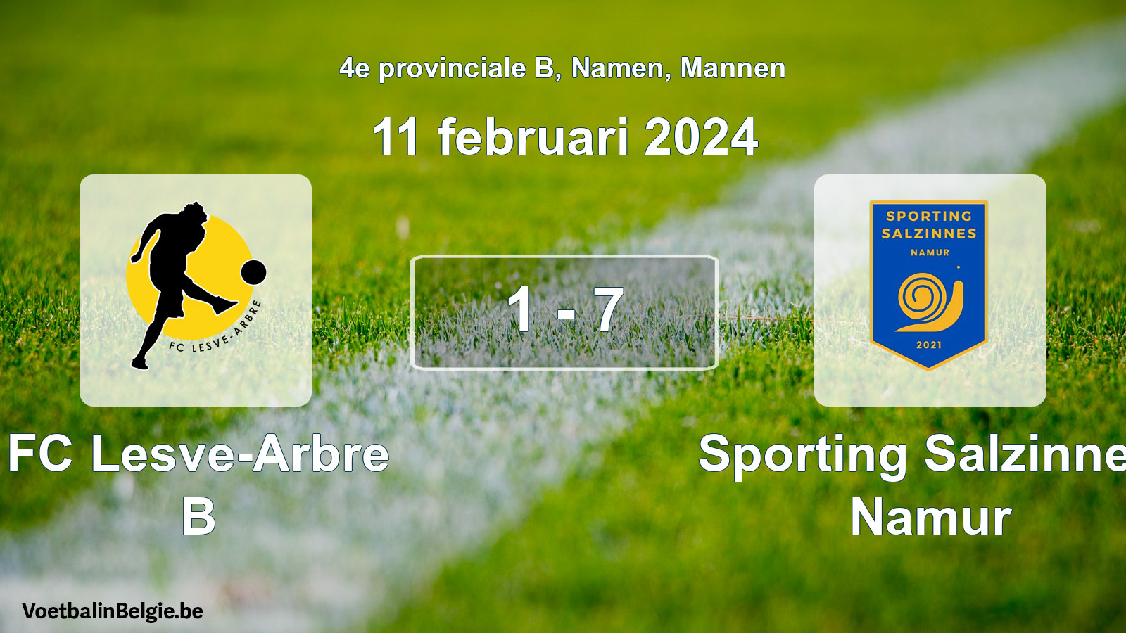 Gespeelde wedstrijd mannenvoetbal: FC Lesve-Arbre B - Sporting Salzinnes Namur 1 - 7 (11 februari 2024)