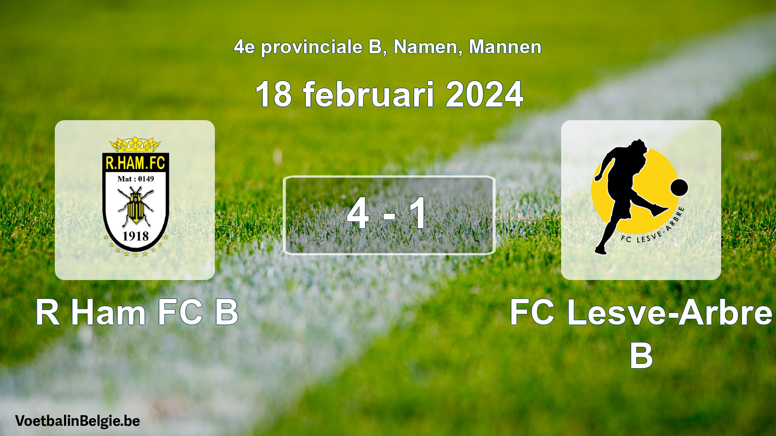 Gespeelde wedstrijd mannenvoetbal: R Ham FC B - FC Lesve-Arbre B 4 - 1 (18 februari 2024)