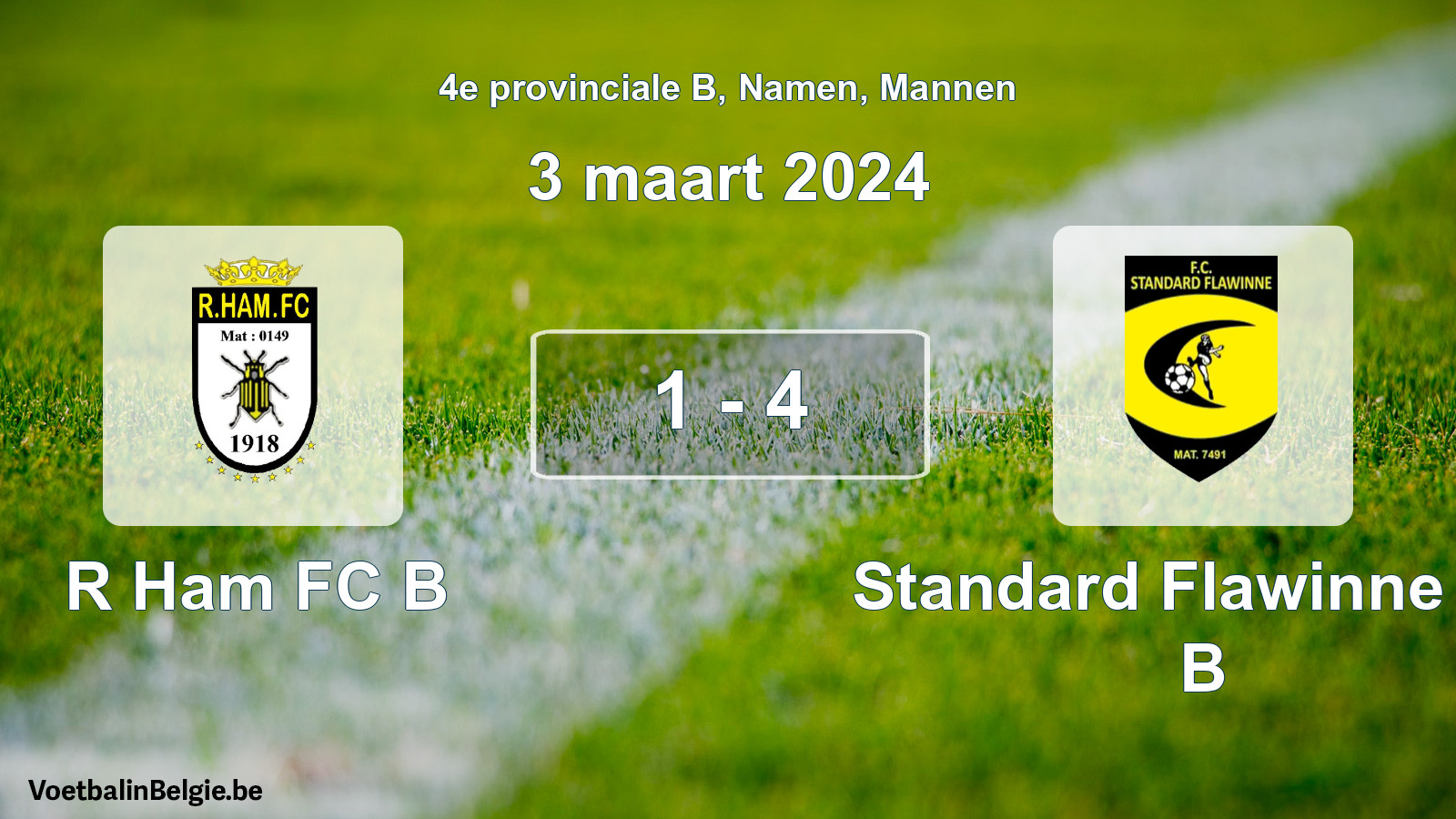 Gespeelde wedstrijd mannenvoetbal: R Ham FC B - Standard Flawinne FC B 1 - 4 (3 maart 2024)