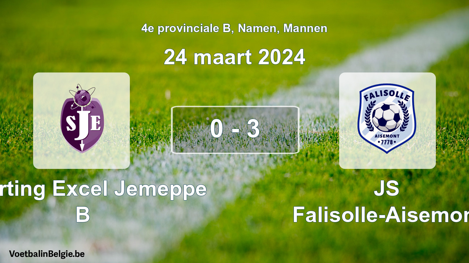 Gespeelde wedstrijd mannenvoetbal: Sporting Excel Jemeppe B - JS Falisolle-Aisemont 0 - 3 (24 maart 2024)