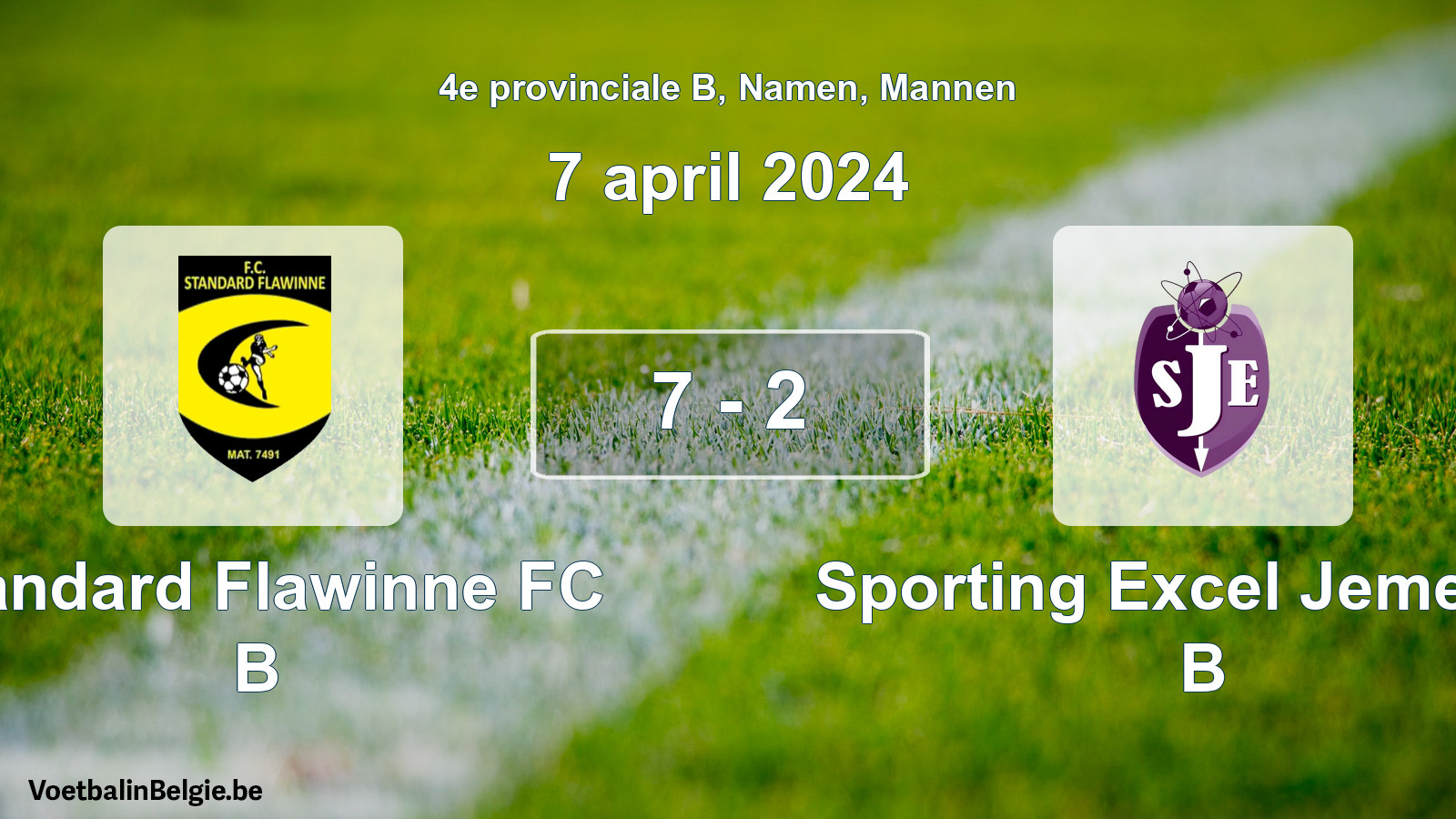 Gespeelde wedstrijd mannenvoetbal: Standard Flawinne FC B - Sporting Excel Jemeppe B 7 - 2 (7 april 2024)