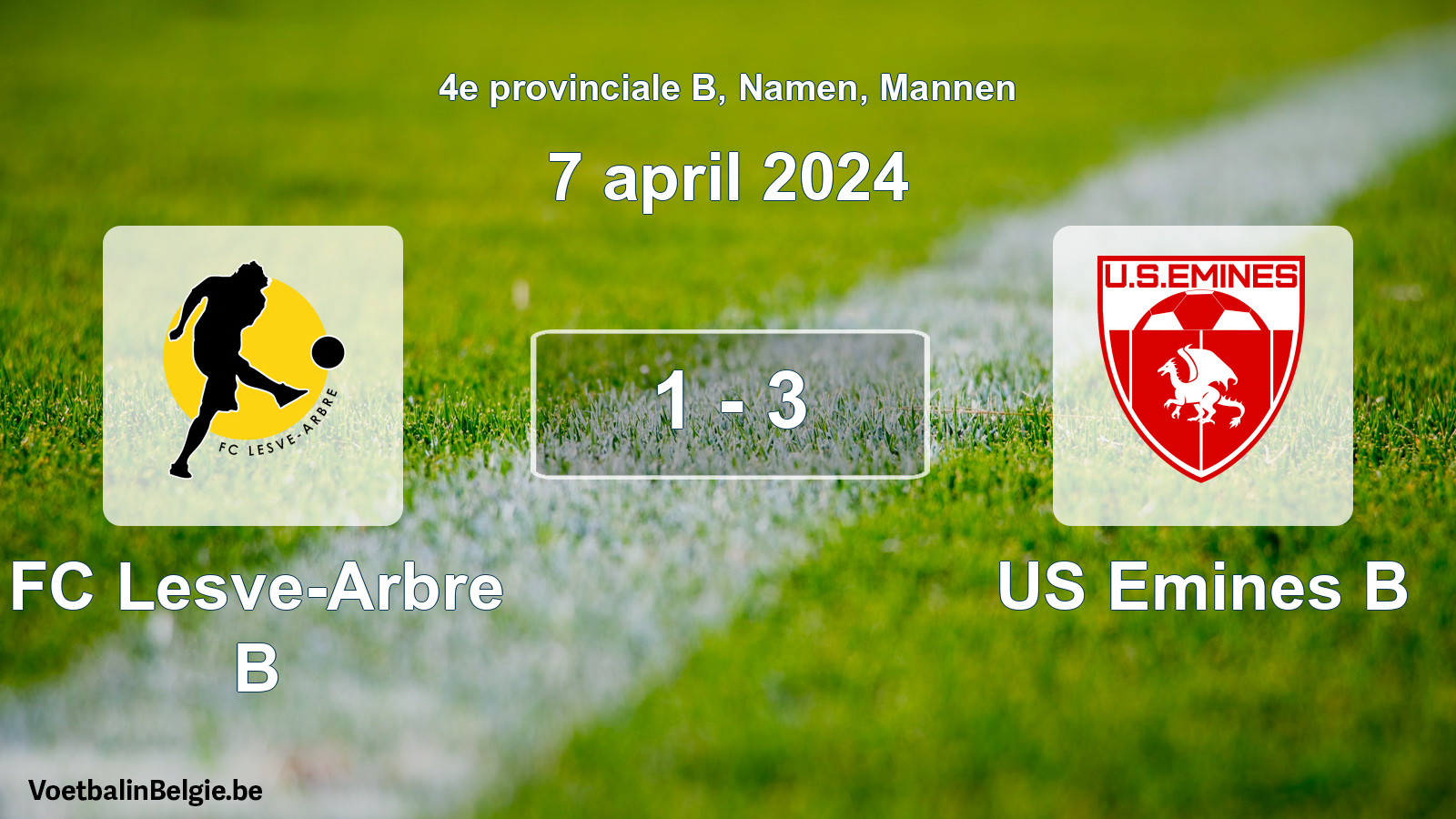 Gespeelde wedstrijd mannenvoetbal: FC Lesve-Arbre B - US Emines B 1 - 3 (7 april 2024)