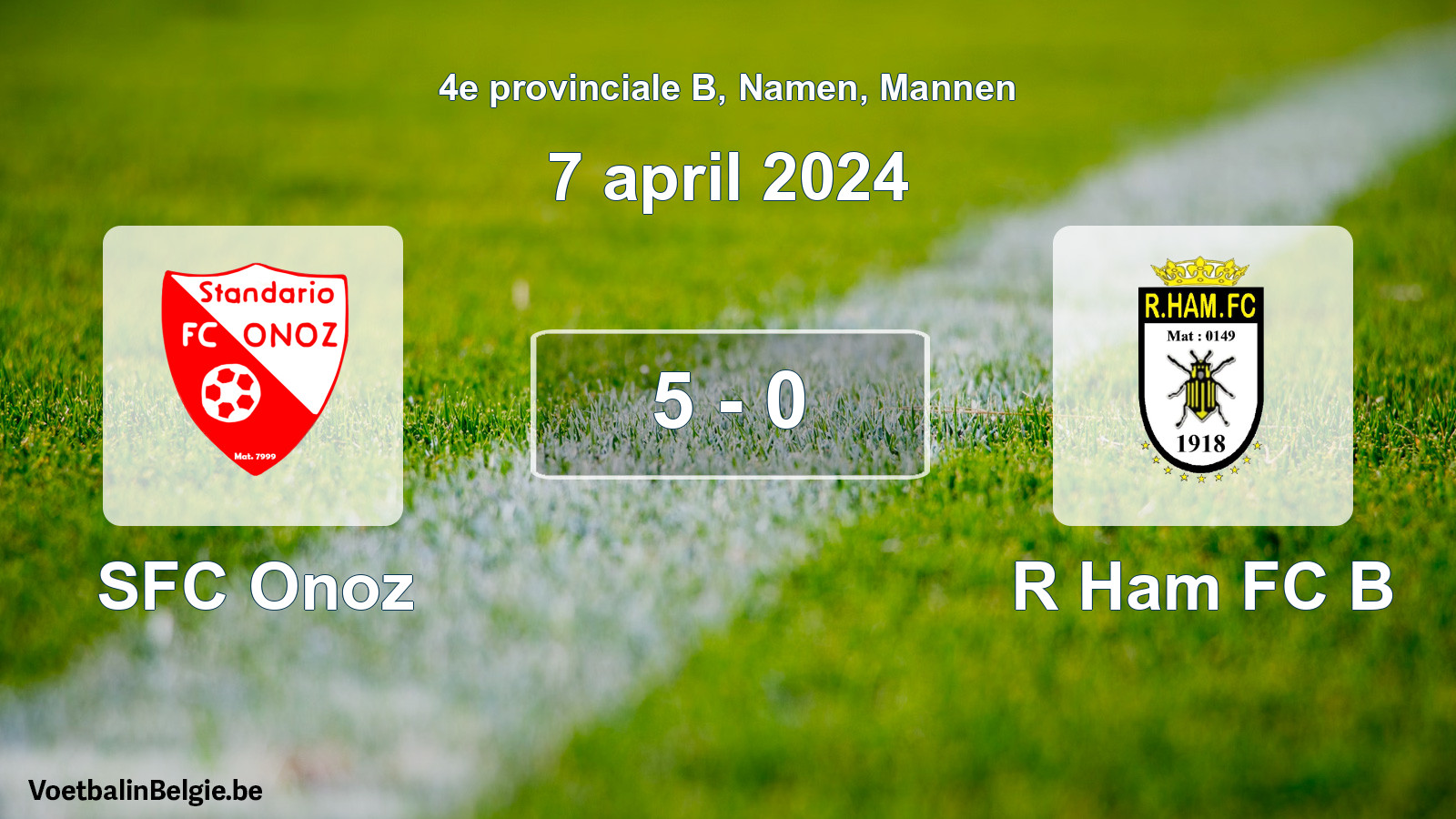 Gespeelde wedstrijd mannenvoetbal: SFC Onoz - R Ham FC B 5 - 0 (7 april 2024)