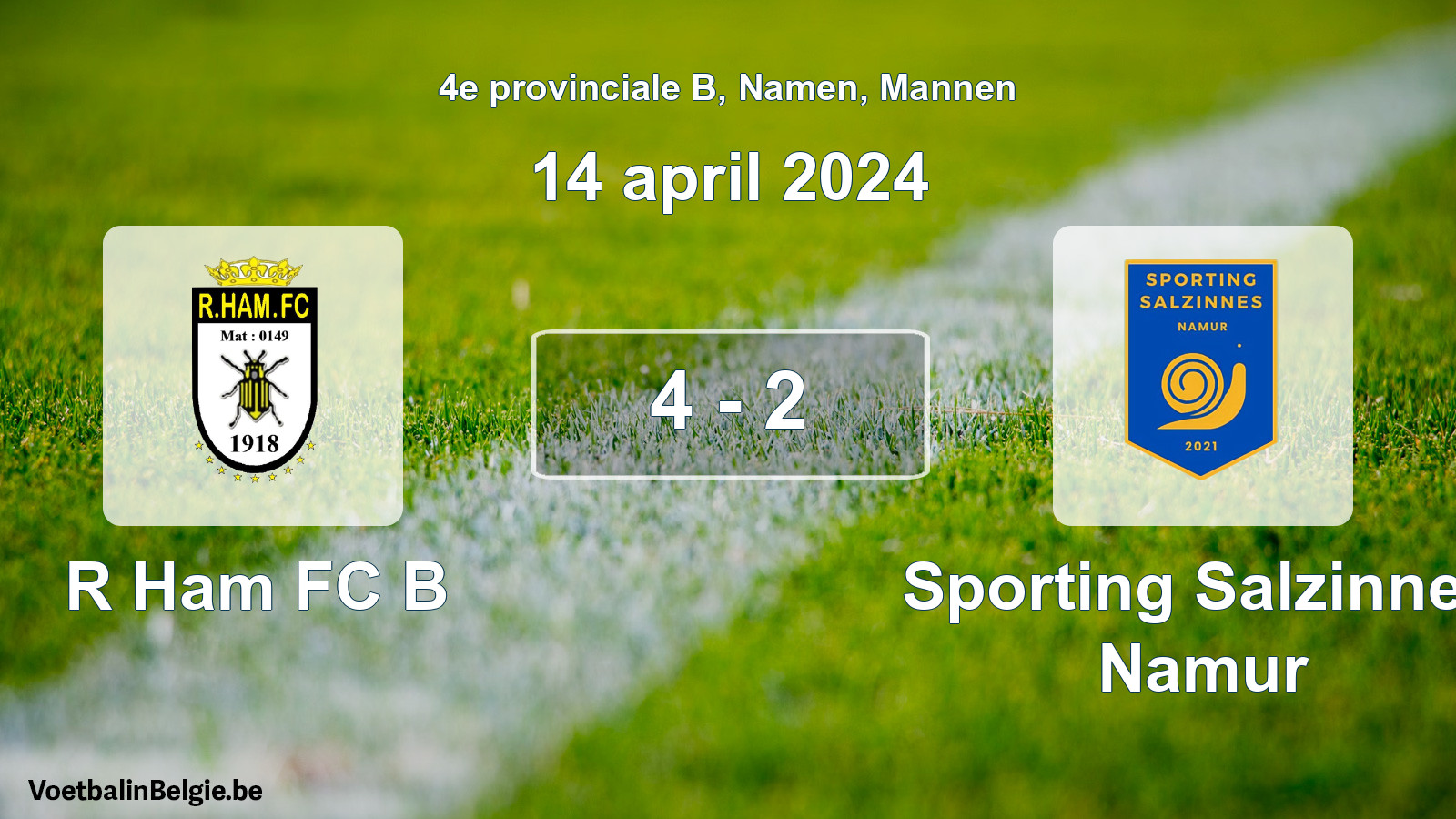Gespeelde wedstrijd mannenvoetbal: R Ham FC B - Sporting Salzinnes Namur 4 - 2 (14 april 2024)