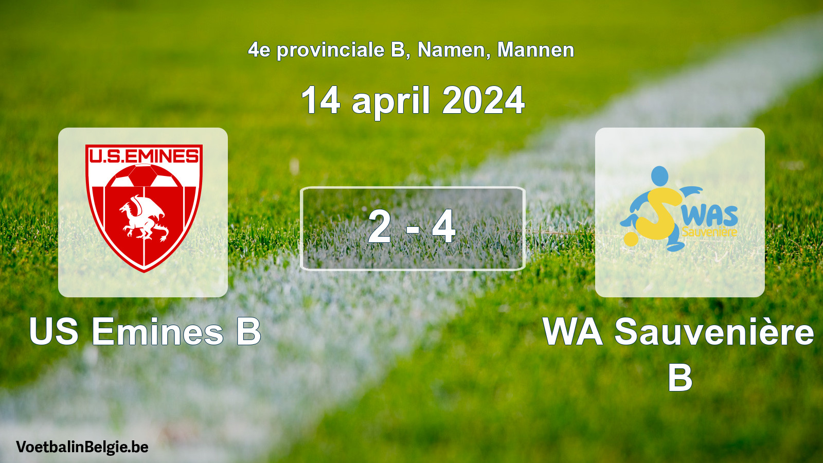 Gespeelde wedstrijd mannenvoetbal: US Emines B - WA Sauvenière B 2 - 4 (14 april 2024)