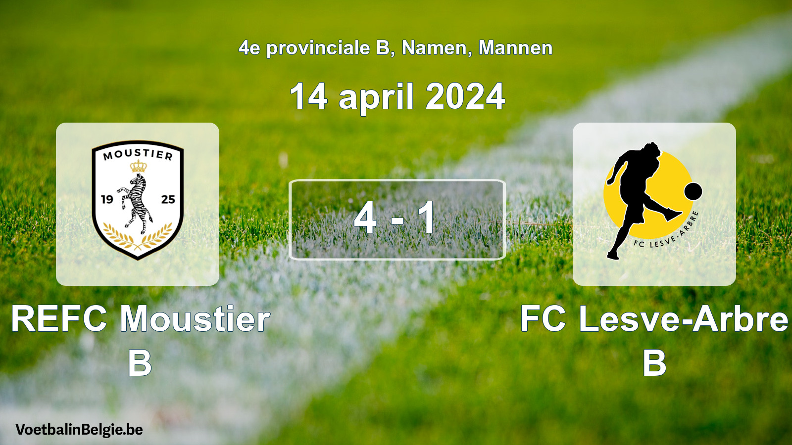 Gespeelde wedstrijd mannenvoetbal: REFC Moustier B - FC Lesve-Arbre B 4 - 1 (14 april 2024)