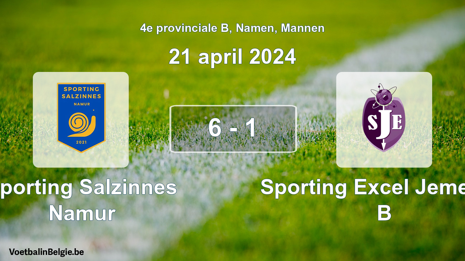 Gespeelde wedstrijd mannenvoetbal: Sporting Salzinnes Namur - Sporting Excel Jemeppe B 6 - 1 (21 april 2024)