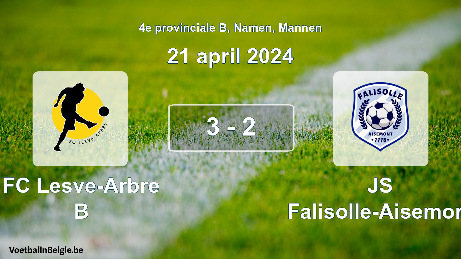 Gespeelde wedstrijd mannenvoetbal: FC Lesve-Arbre B - JS Falisolle-Aisemont 3 - 2 (21 april 2024)
