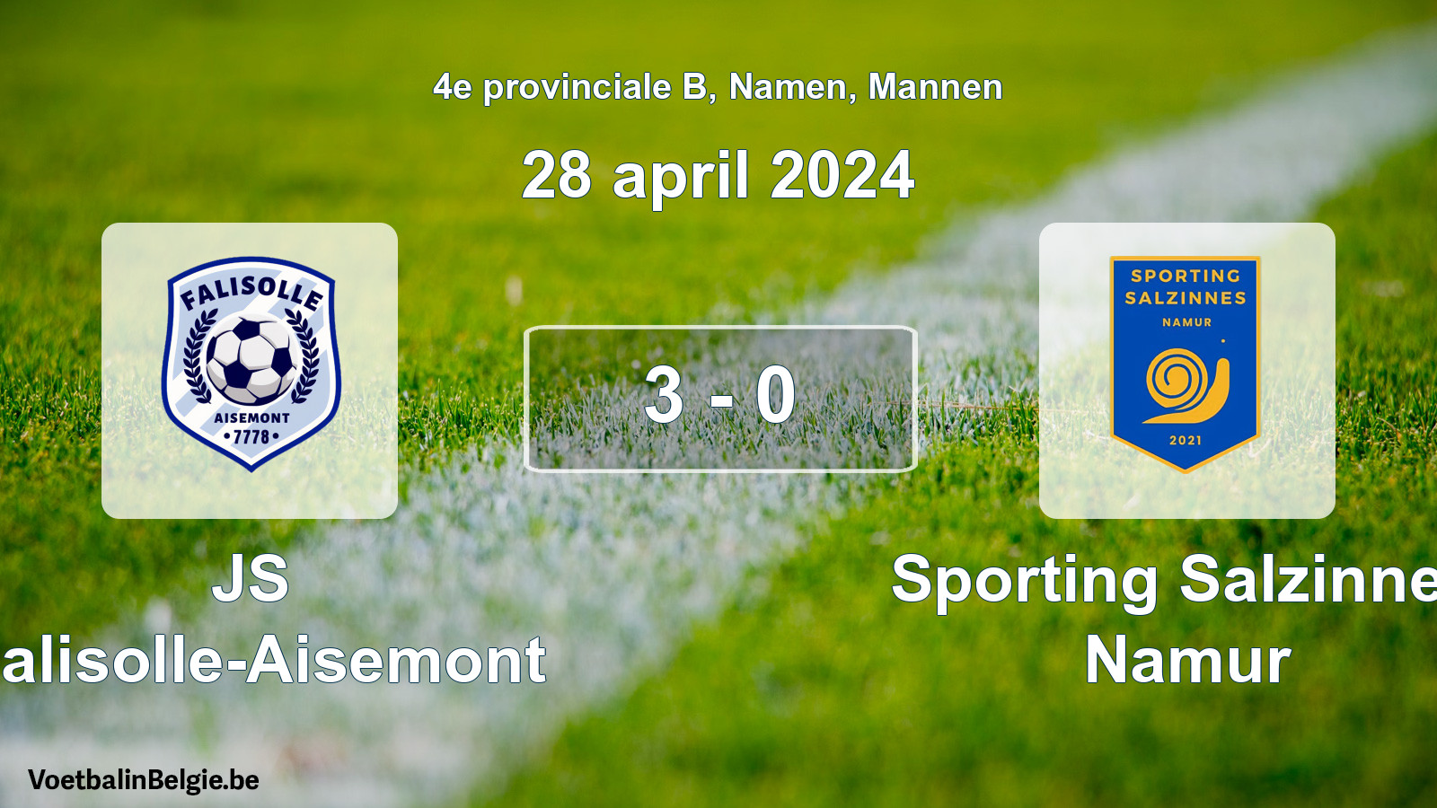 Match joué football hommes: JS Falisolle-Aisemont - Sporting Salzinnes Namur 3 - 0 (28 avril 2024)