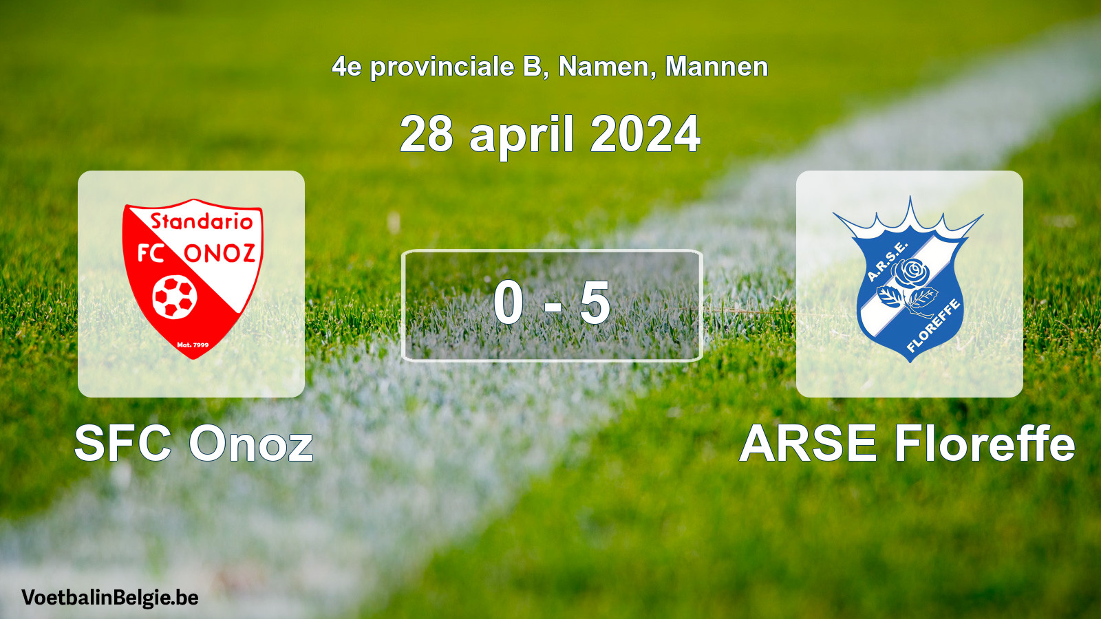 Gespeelde wedstrijd mannenvoetbal: SFC Onoz - ARSE Floreffe 0 - 5 (28 april 2024)