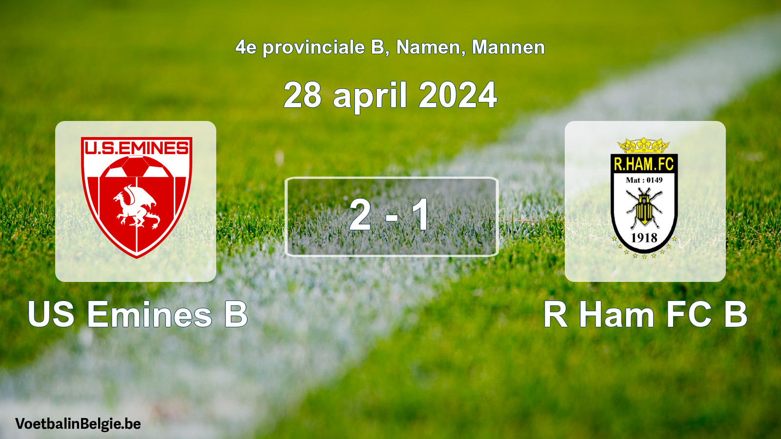 Gespeelde wedstrijd mannenvoetbal: US Emines B - R Ham FC B 2 - 1 (28 april 2024)