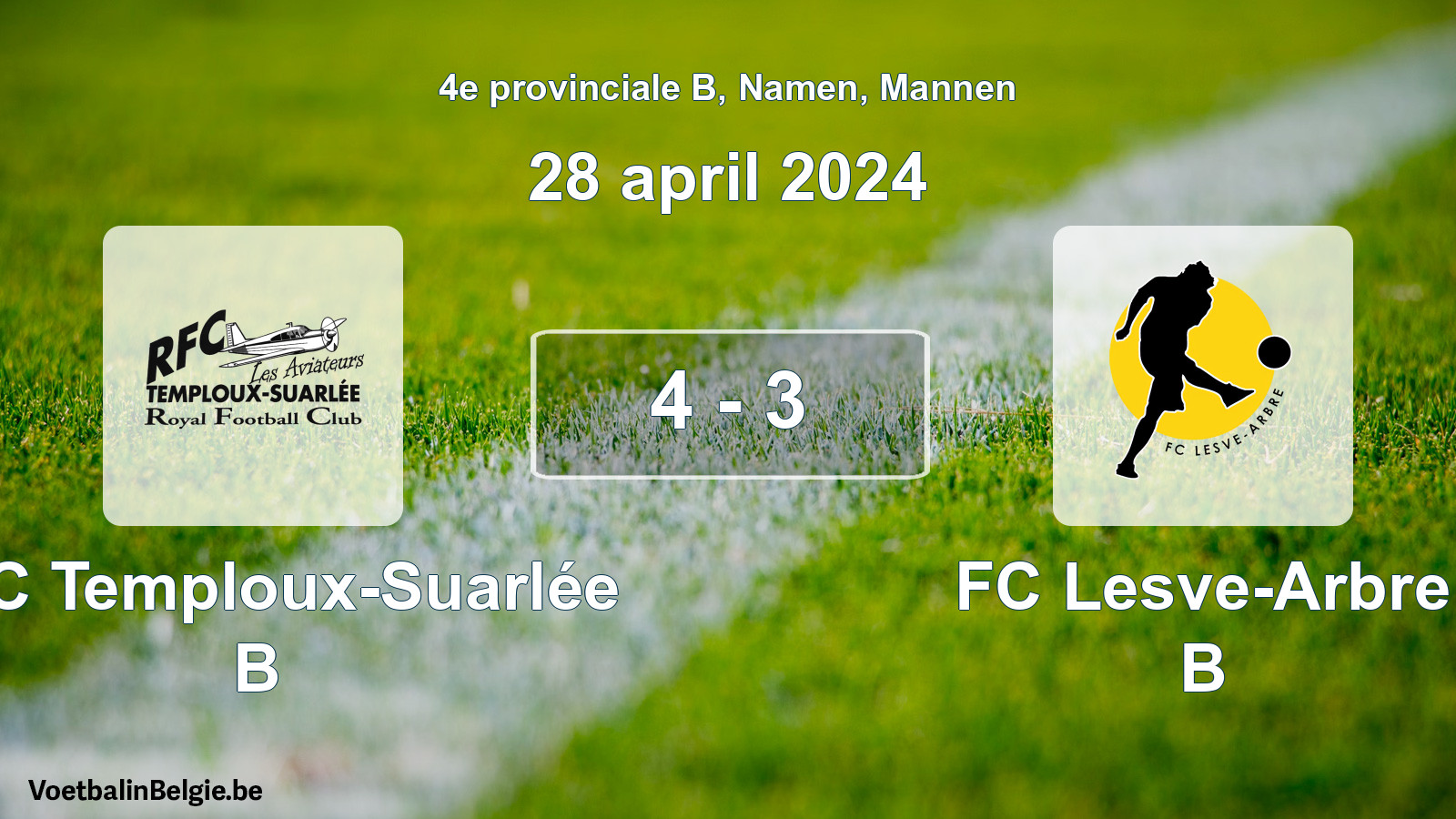 Gespeelde wedstrijd mannenvoetbal: RFC Temploux-Suarlée B - FC Lesve-Arbre B 4 - 3 (28 april 2024)