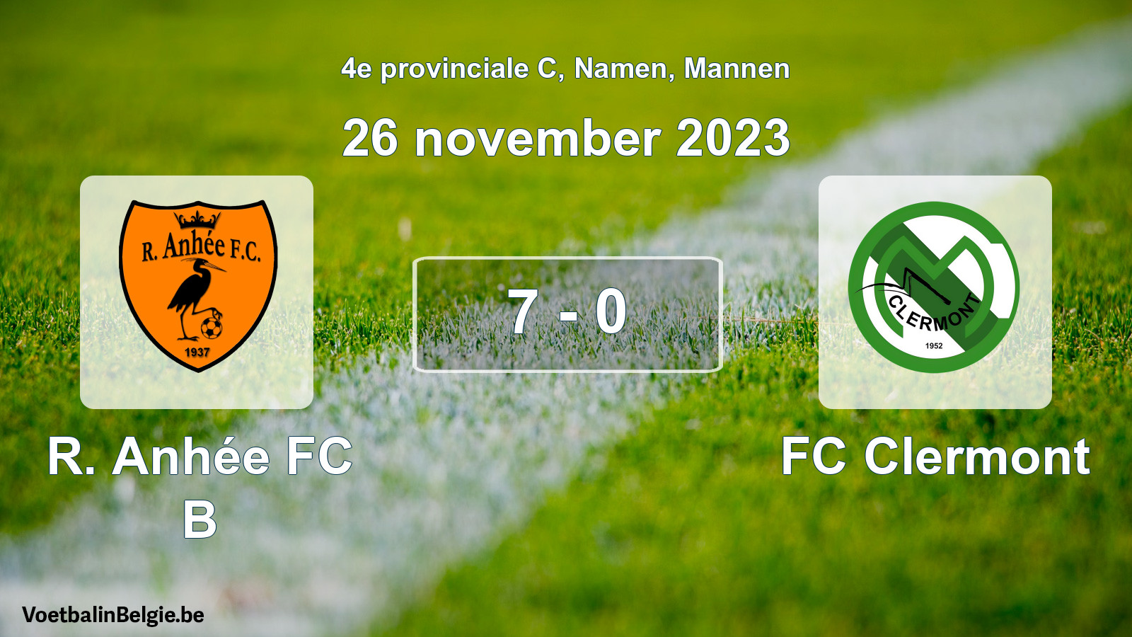 Gespeelde wedstrijd mannenvoetbal: R. Anhée FC B - FC Clermont 7 - 0 (26 november 2023)