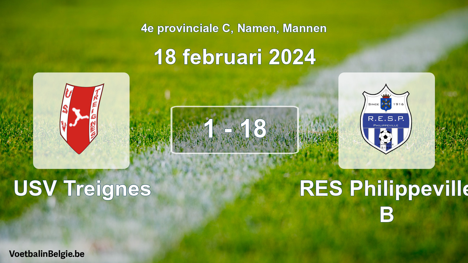 Gespeelde wedstrijd mannenvoetbal: USV Treignes - RES Philippeville B 1 - 18 (18 februari 2024)