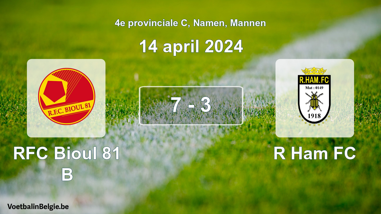 Gespeelde wedstrijd mannenvoetbal: RFC Bioul 81 B - R Ham FC 7 - 3 (14 april 2024)