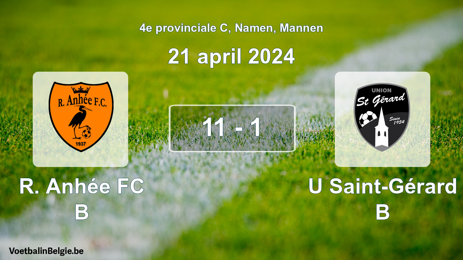 Gespeelde wedstrijd mannenvoetbal: R. Anhée FC B - U Saint-Gérard B 11 - 1 (21 april 2024)