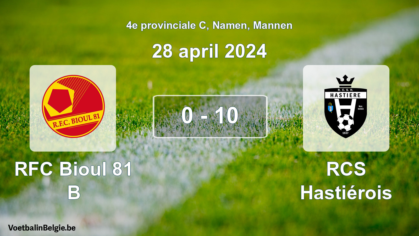 Gespeelde wedstrijd mannenvoetbal: RFC Bioul 81 B - RCS Hastiérois 0 - 10 (28 april 2024)