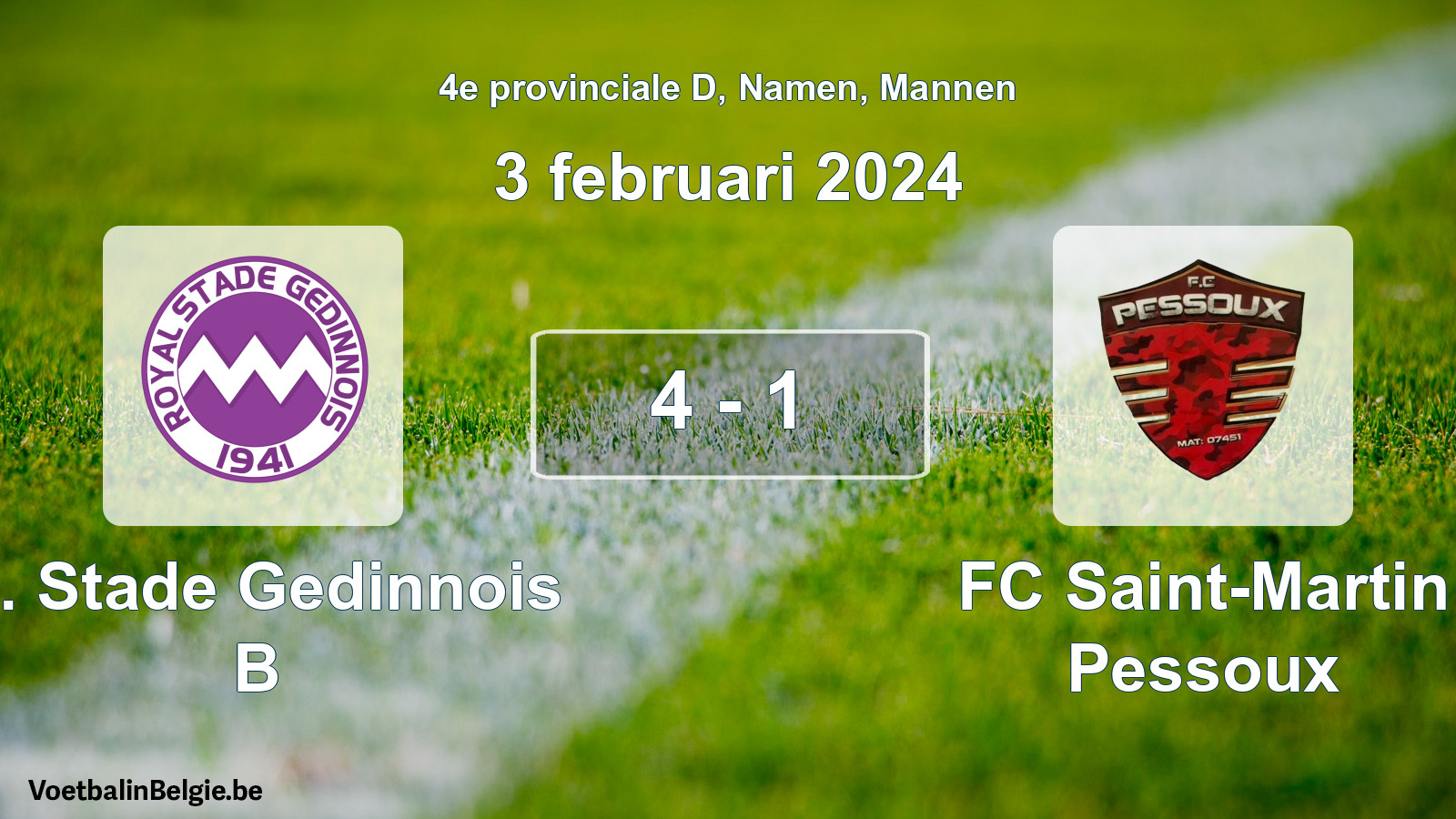 Gespeelde wedstrijd mannenvoetbal: R. Stade Gedinnois B - FC Saint-Martin Pessoux 4 - 1 (3 februari 2024)