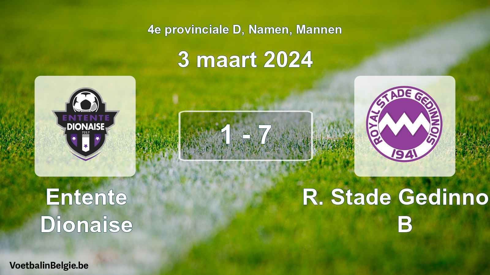 Gespeelde wedstrijd mannenvoetbal: Entente Dionaise - R. Stade Gedinnois B 1 - 7 (3 maart 2024)