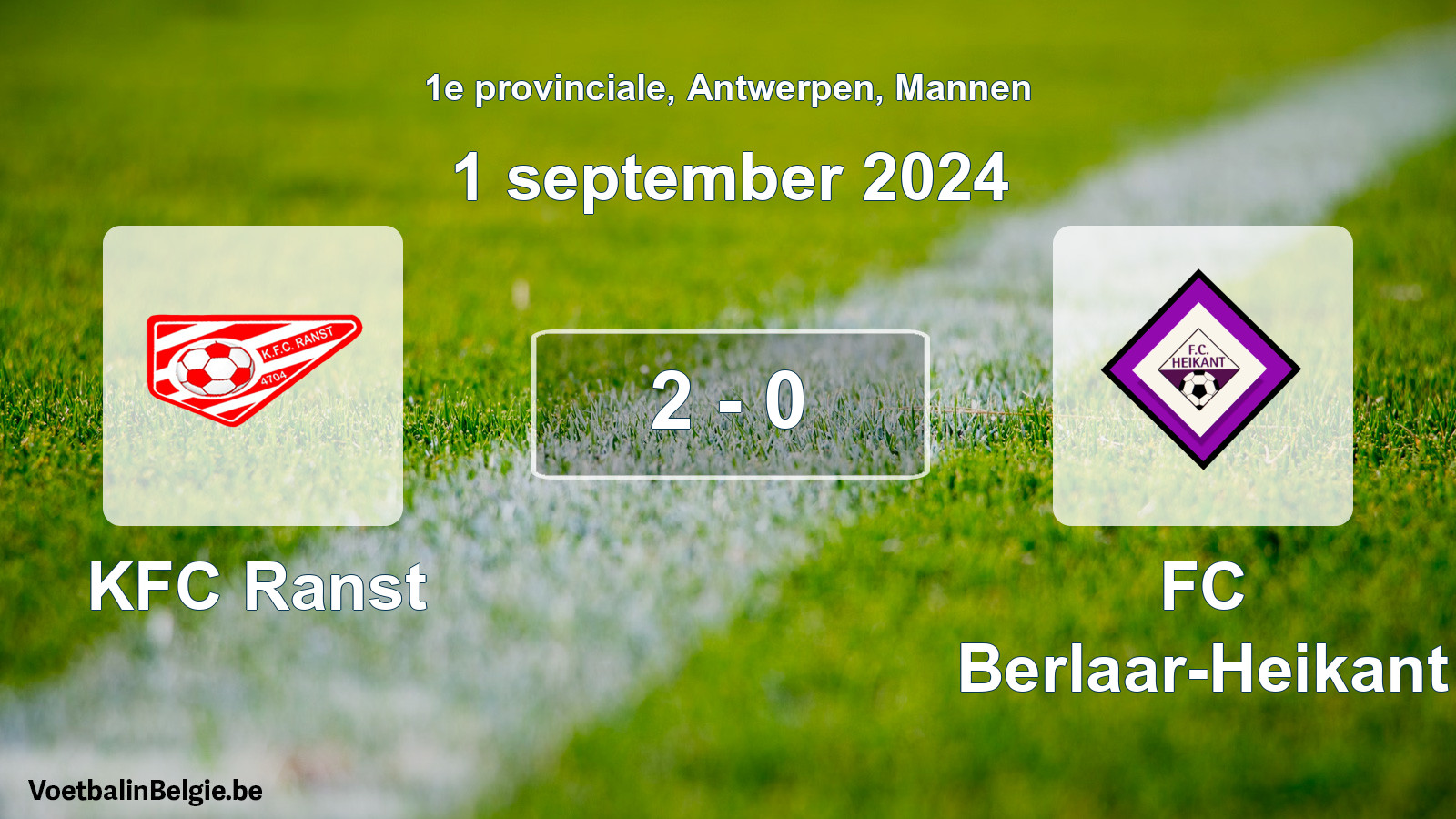 Gespeelde wedstrijd mannenvoetbal: KFC Ranst - FC Berlaar-Heikant 2 - 0 (1 september 2024)