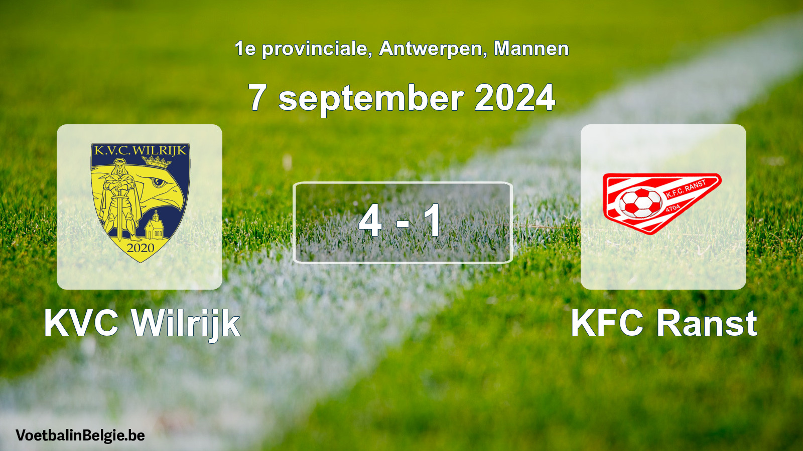 Gespeelde wedstrijd mannenvoetbal: KVC Wilrijk - KFC Ranst 4 - 1 (7 september 2024)