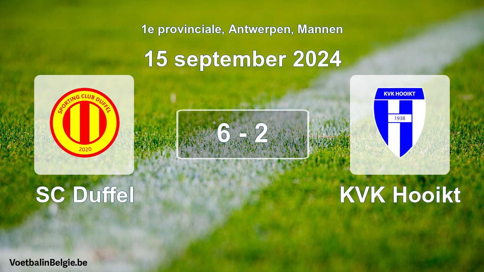 Gespeelde wedstrijd mannenvoetbal: SC Duffel - KVK Hooikt 6 - 2 (15 september 2024)