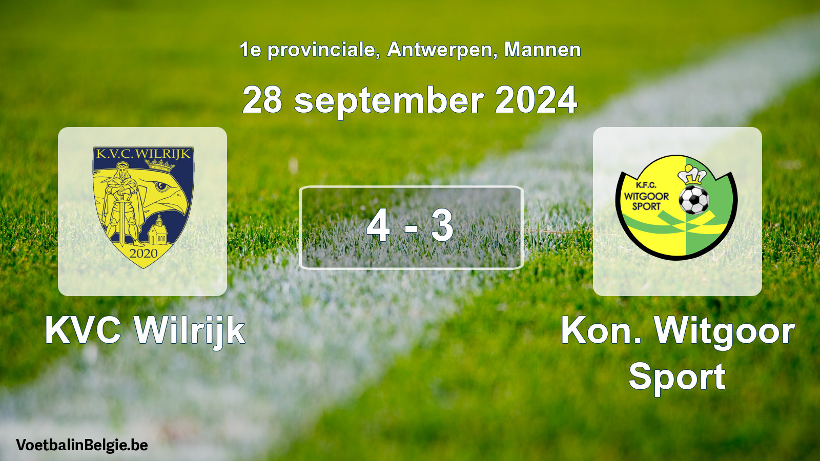 Gespeelde wedstrijd mannenvoetbal: KVC Wilrijk - Kon. Witgoor Sport 4 - 3 (28 september 2024)
