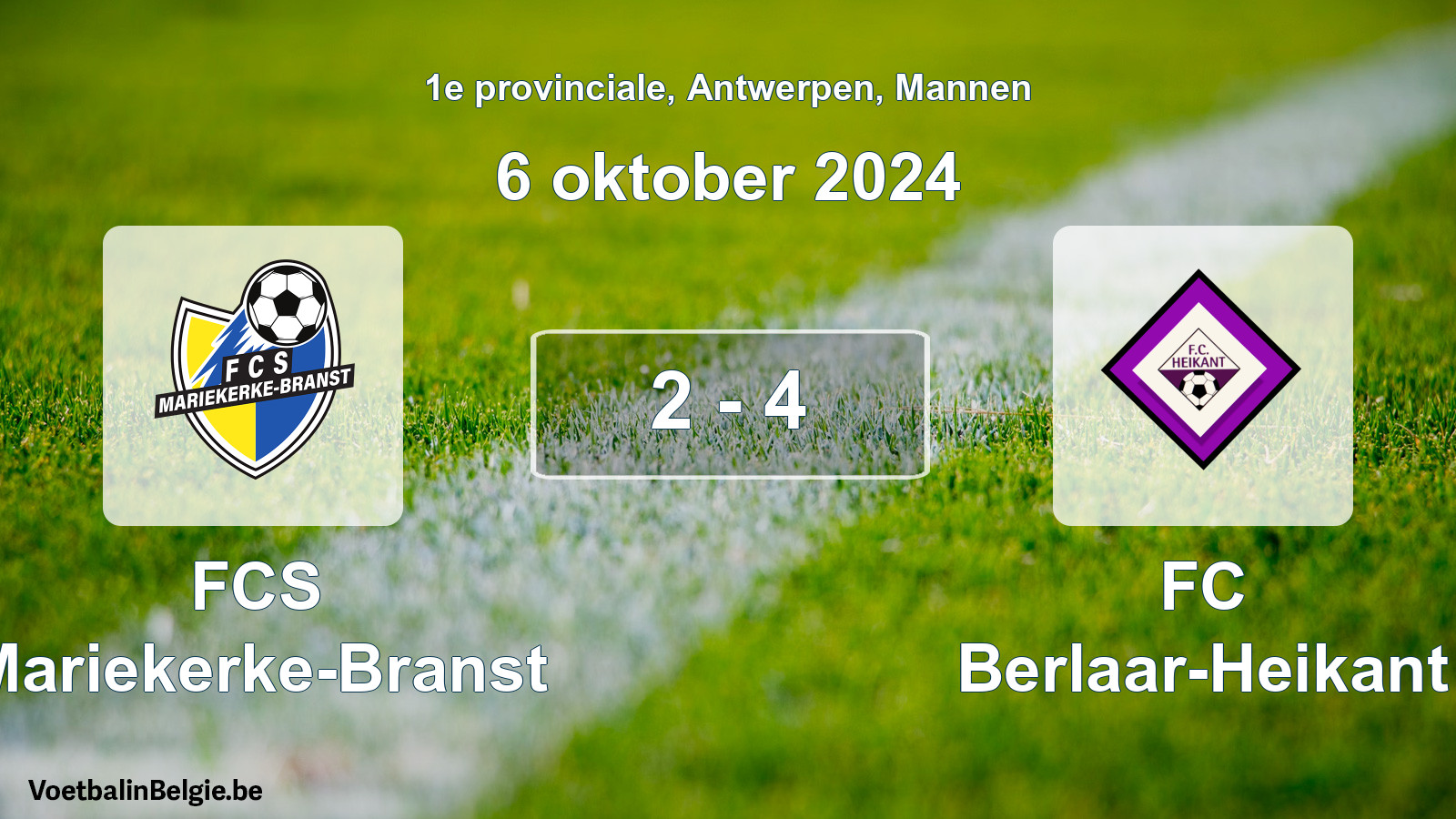 Gespeelde wedstrijd mannenvoetbal: FCS Mariekerke-Branst - FC Berlaar-Heikant 2 - 4 (6 oktober 2024)