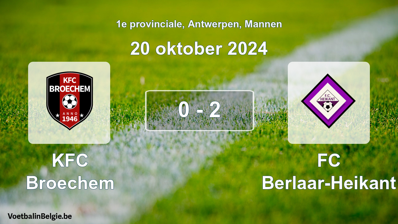 Gespeelde wedstrijd mannenvoetbal: KFC Broechem - FC Berlaar-Heikant 0 - 2 (20 oktober 2024)