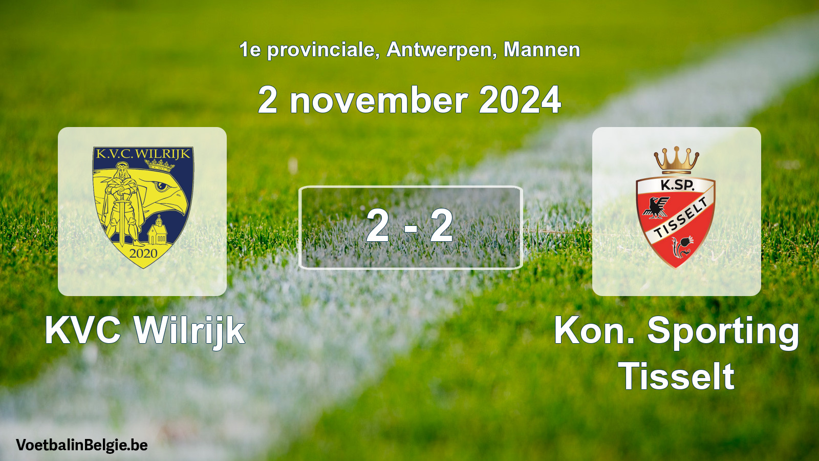 Gespeelde wedstrijd mannenvoetbal: KVC Wilrijk - Kon. Sporting Tisselt 2 - 2 (2 november 2024)