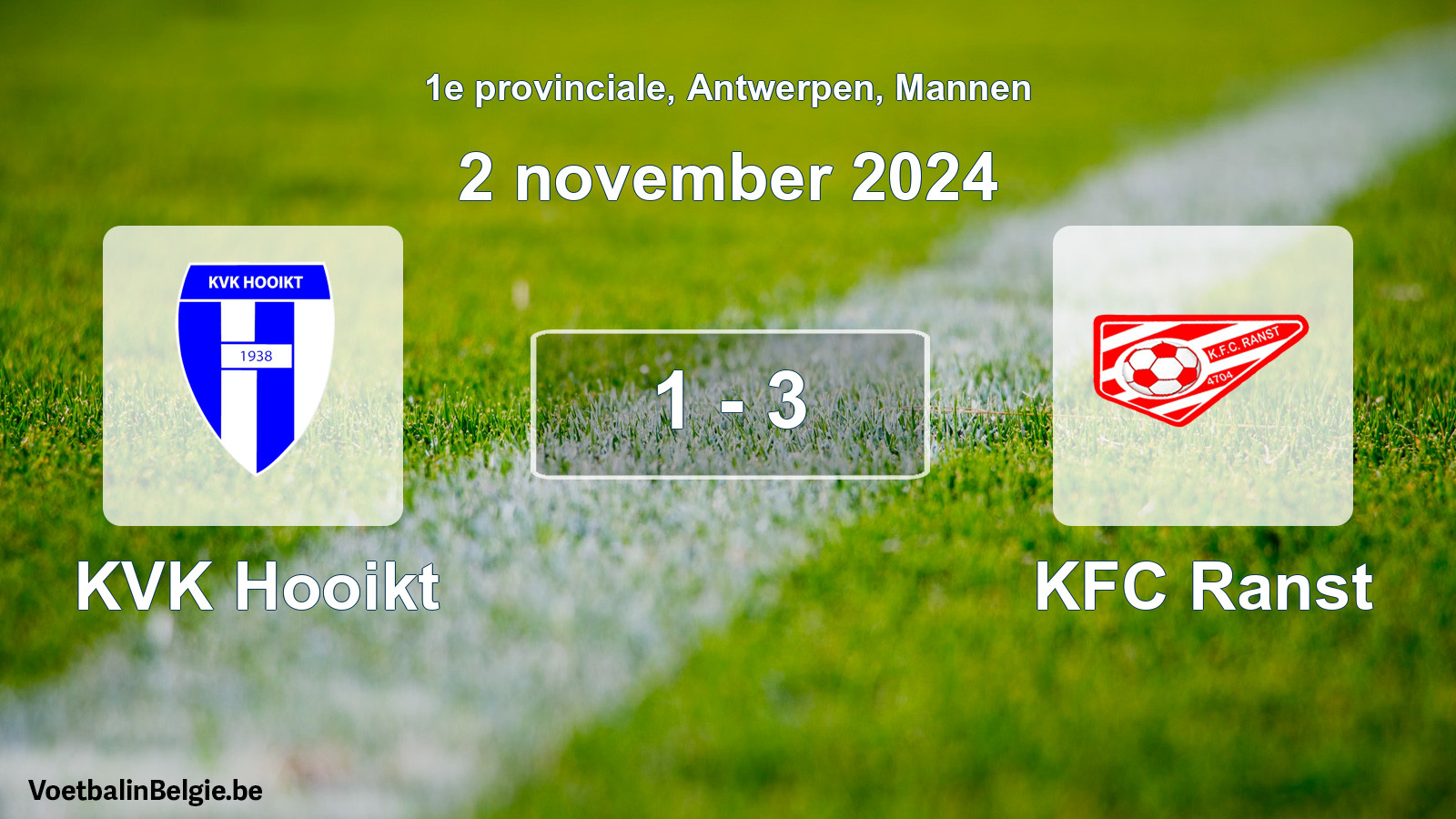 Gespeelde wedstrijd mannenvoetbal: KVK Hooikt - KFC Ranst 1 - 3 (2 november 2024)