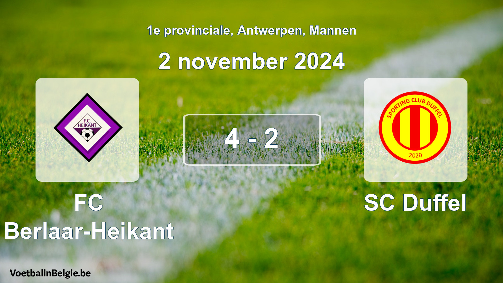 Match joué football hommes: FC Berlaar-Heikant - SC Duffel 4 - 2 (2 novembre 2024)