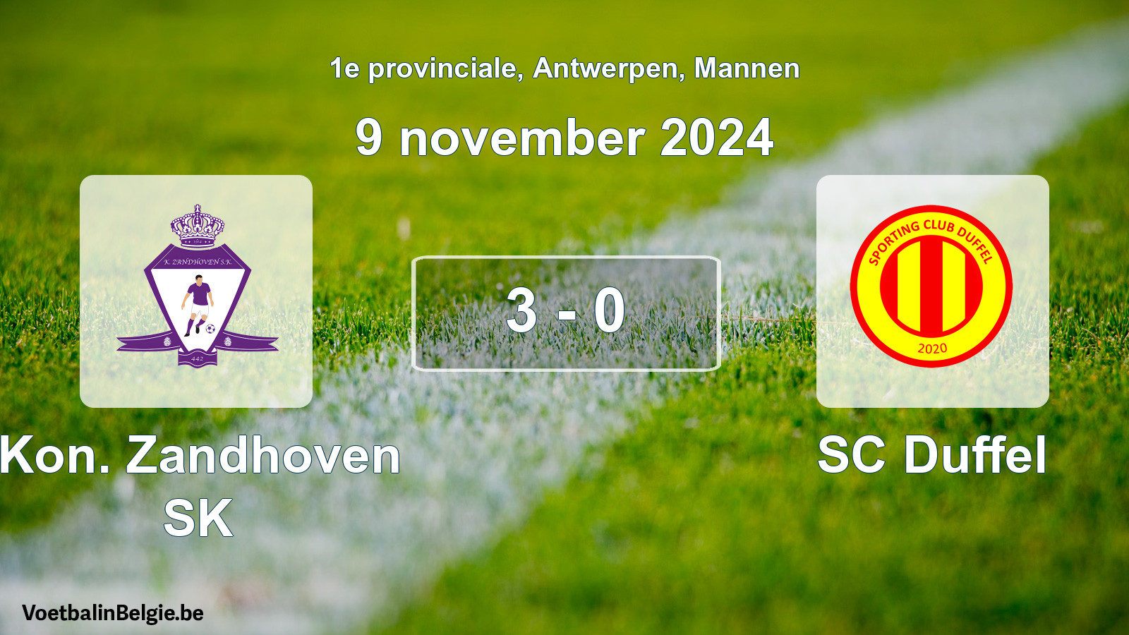 Gespeelde wedstrijd mannenvoetbal: Kon. Zandhoven SK - SC Duffel 3 - 0 (9 november 2024)