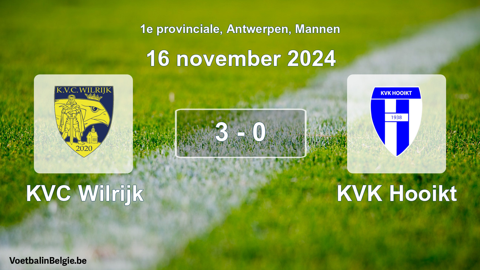 Gespeelde wedstrijd mannenvoetbal: KVC Wilrijk - KVK Hooikt 3 - 0 (16 november 2024)