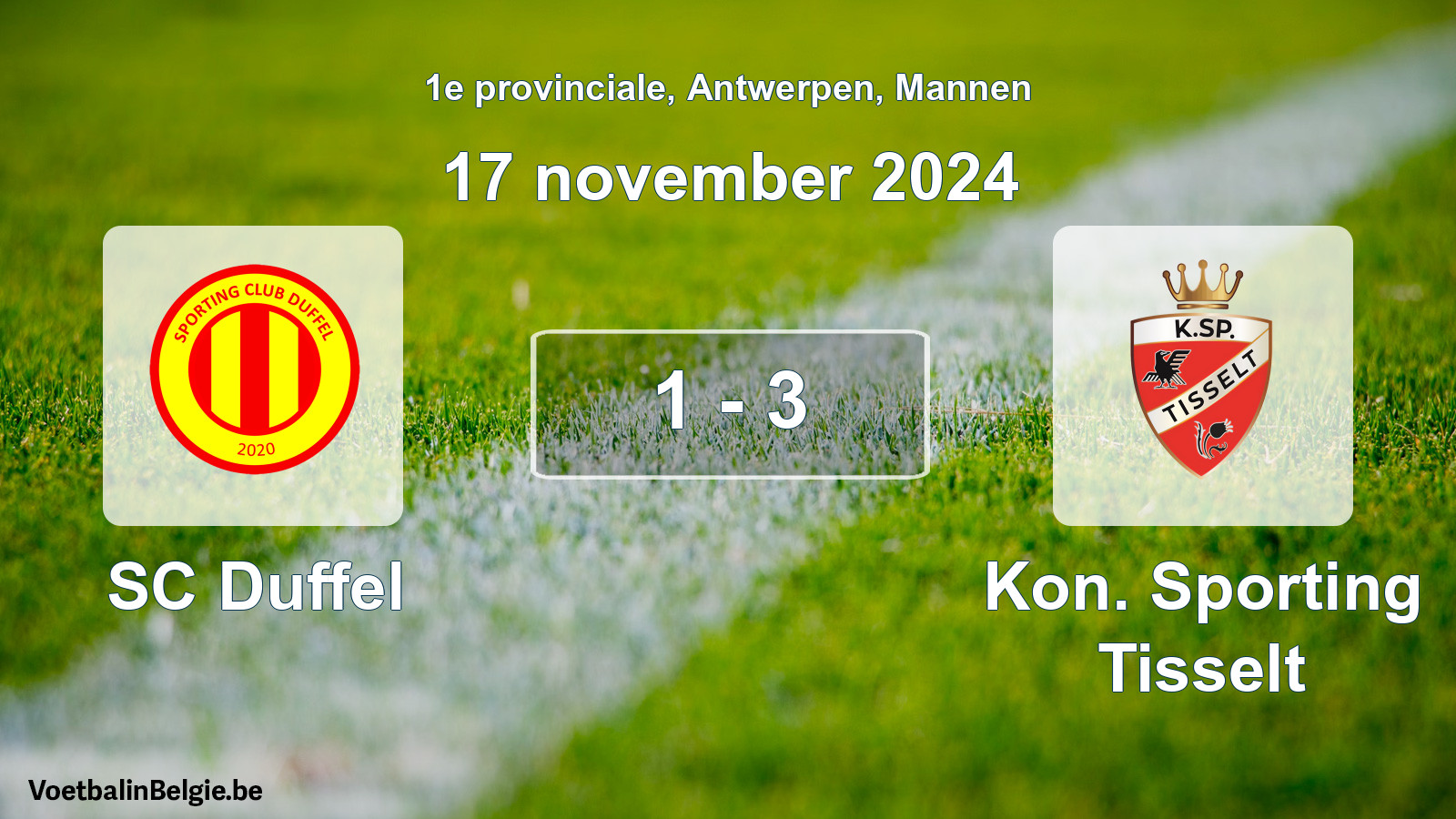 Gespeelde wedstrijd mannenvoetbal: SC Duffel - Kon. Sporting Tisselt 1 - 3 (17 november 2024)