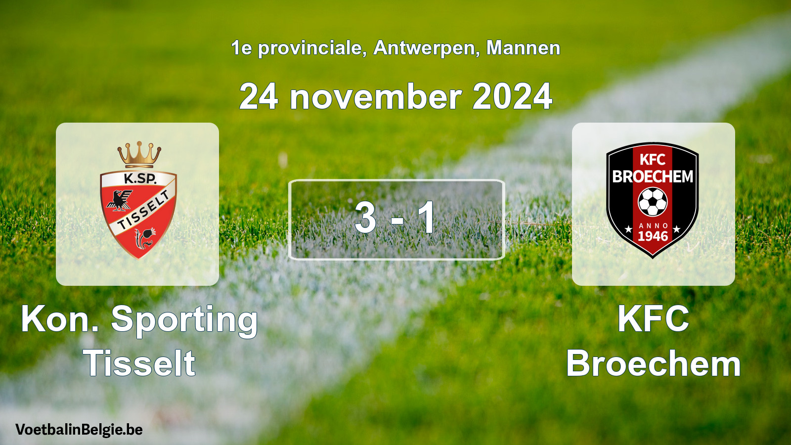 Gespeelde wedstrijd mannenvoetbal: Kon. Sporting Tisselt - KFC Broechem 3 - 1 (24 november 2024)