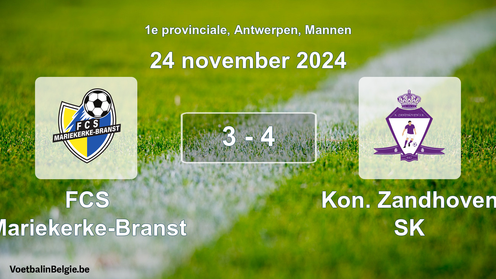Gespeelde wedstrijd mannenvoetbal: FCS Mariekerke-Branst - Kon. Zandhoven SK 3 - 4 (24 november 2024)