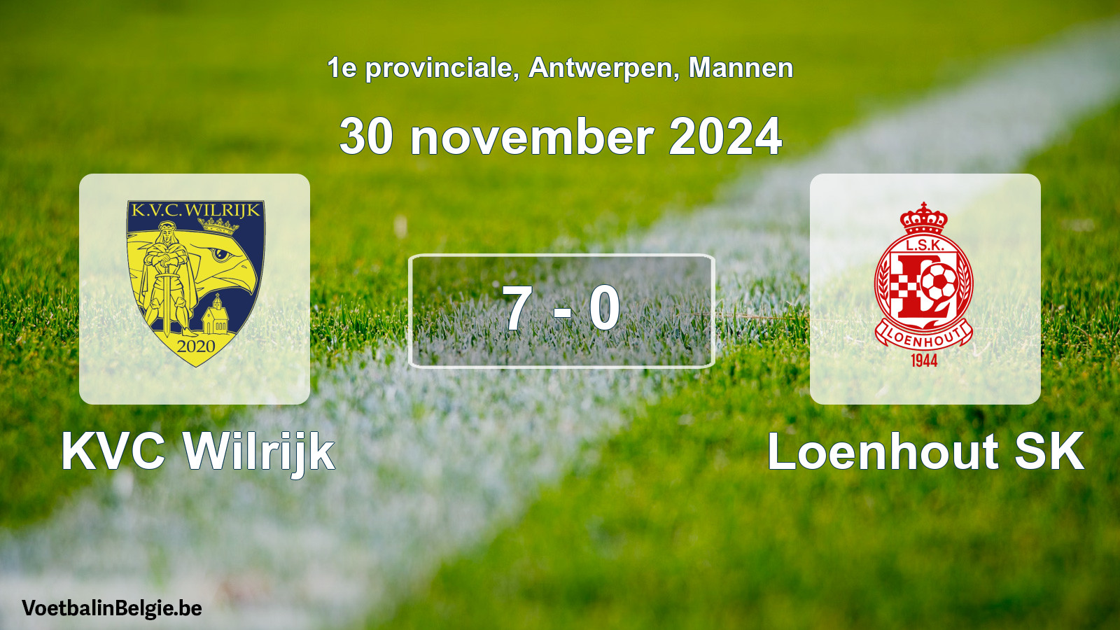 Gespeelde wedstrijd mannenvoetbal: KVC Wilrijk - Loenhout SK 7 - 0 (30 november 2024)