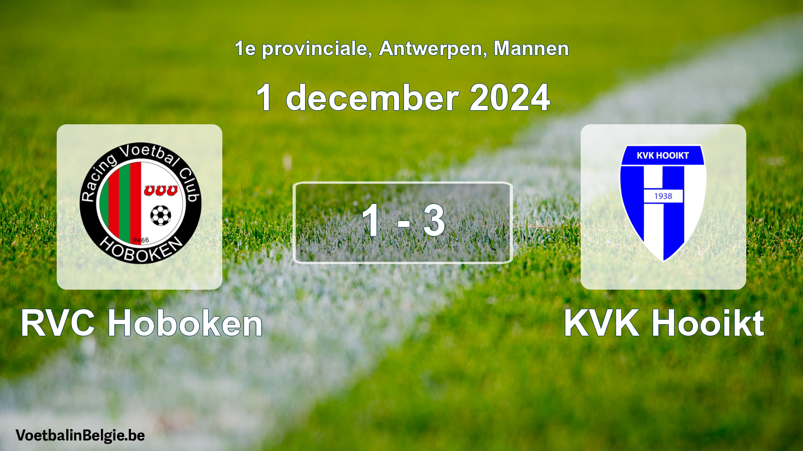 Gespeelde wedstrijd mannenvoetbal: RVC Hoboken - KVK Hooikt 1 - 3 (1 december 2024)