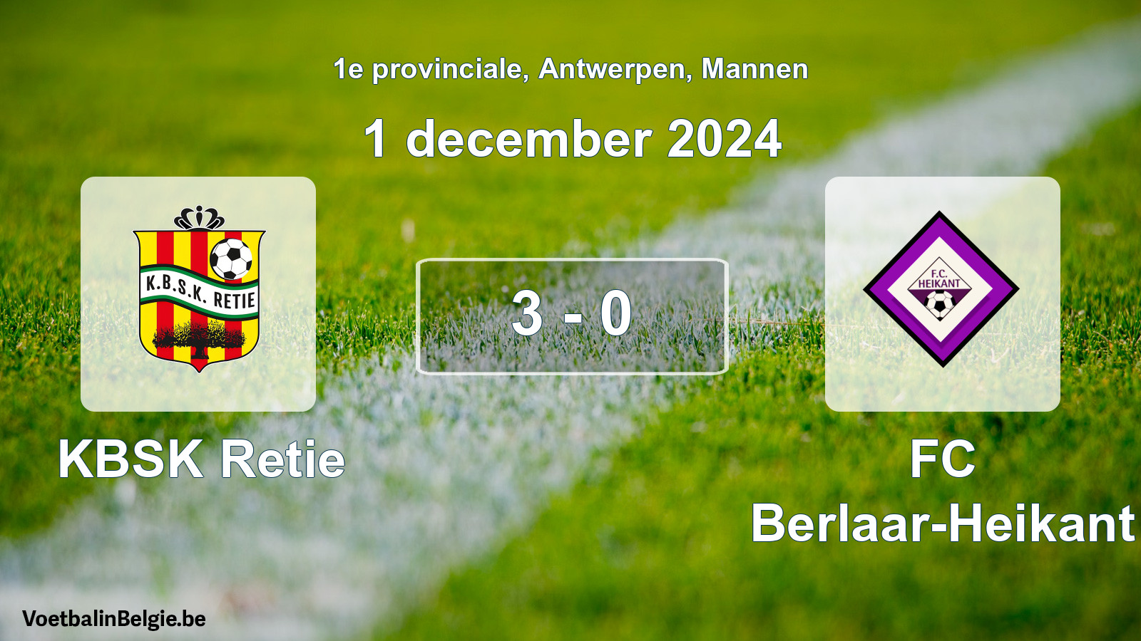 Gespeelde wedstrijd mannenvoetbal: KBSK Retie - FC Berlaar-Heikant 3 - 0 (1 december 2024)