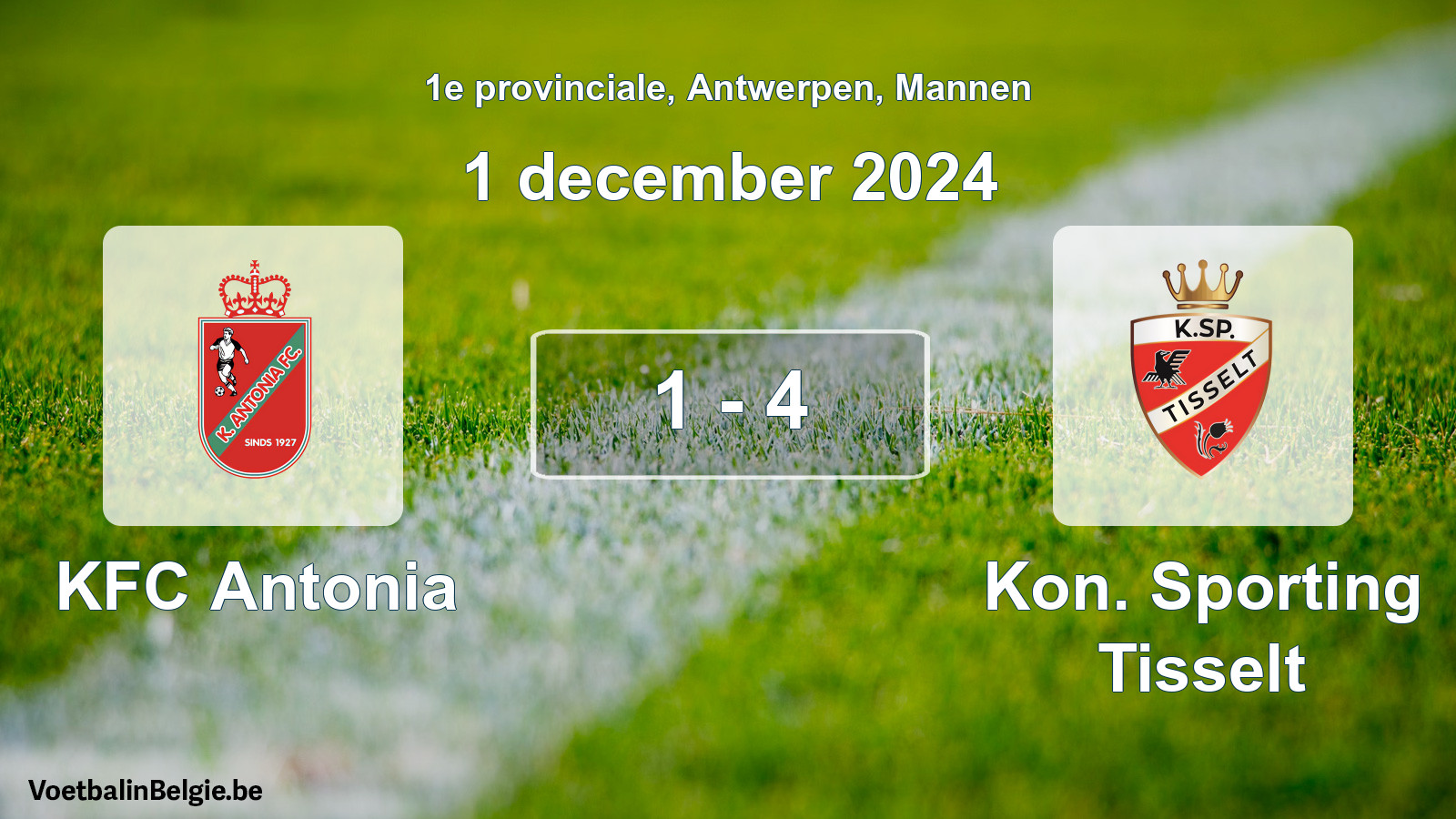 Gespeelde wedstrijd mannenvoetbal: KFC Antonia - Kon. Sporting Tisselt 1 - 4 (1 december 2024)