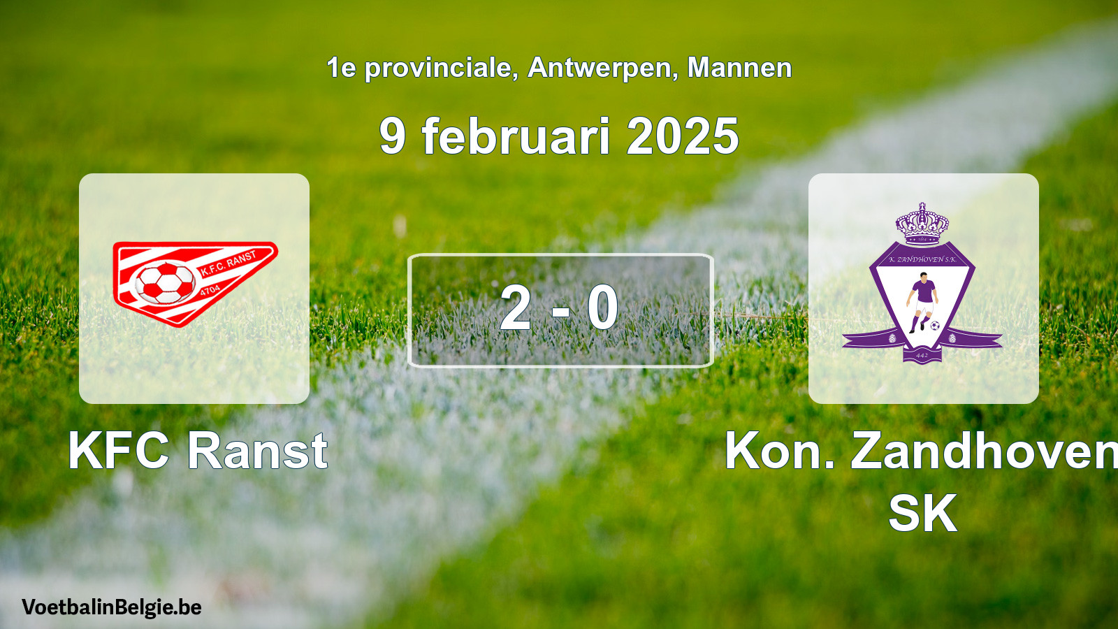 Gespeelde wedstrijd mannenvoetbal: KFC Ranst - Kon. Zandhoven SK 2 - 0 (9 februari 2025)