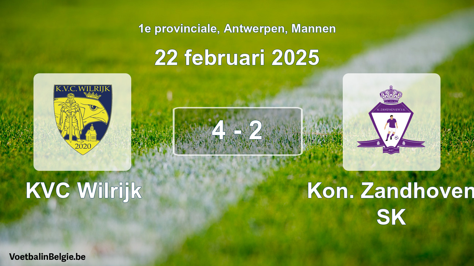 Gespeelde wedstrijd mannenvoetbal: KVC Wilrijk - Kon. Zandhoven SK 4 - 2 (22 februari 2025)