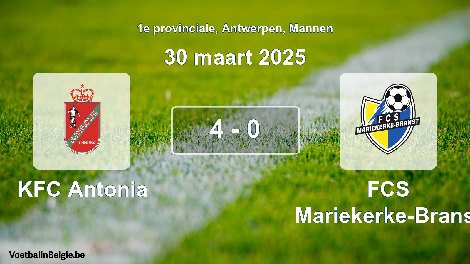 Gespeelde wedstrijd mannenvoetbal: KFC Antonia - FCS Mariekerke-Branst 4 - 0 (30 maart 2025)