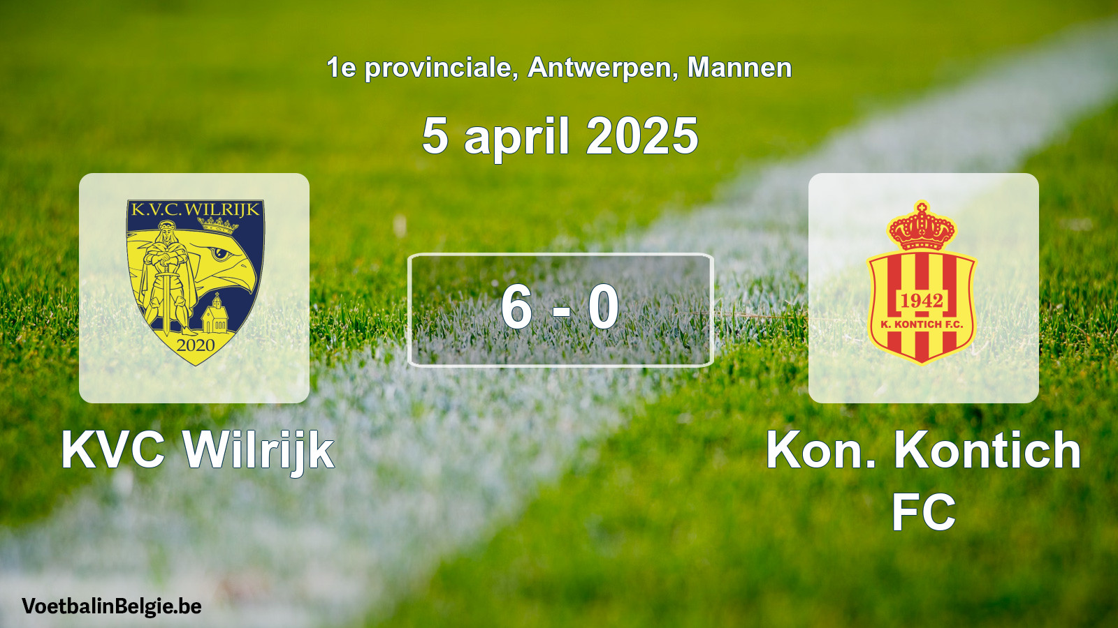 Gespeelde wedstrijd mannenvoetbal: KVC Wilrijk - Kon. Kontich FC 6 - 0 (5 april 2025)