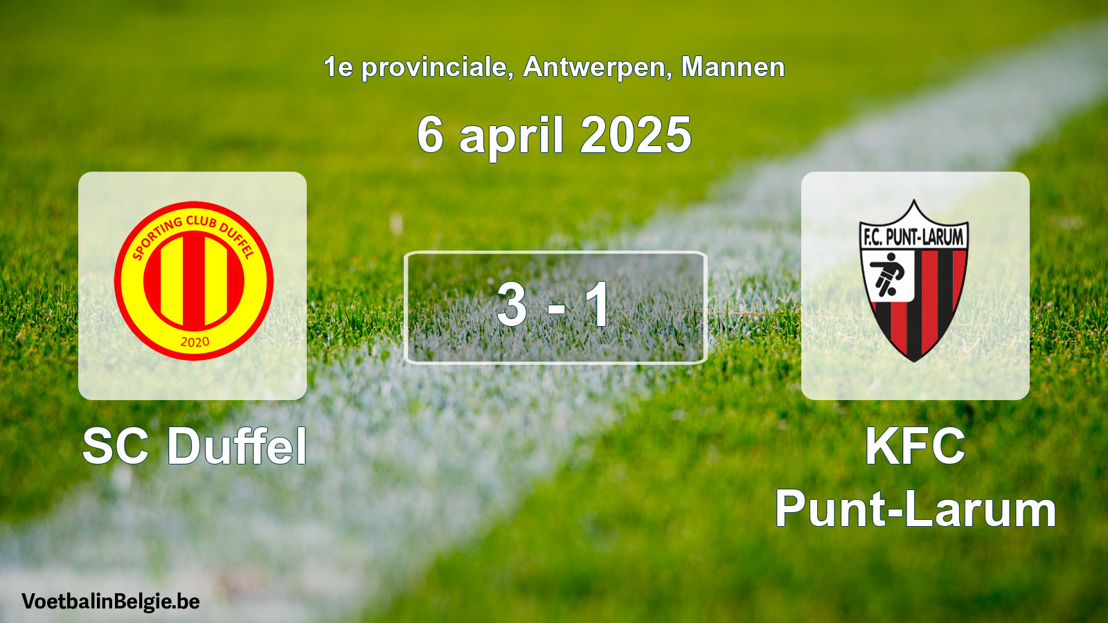 Gespeelde wedstrijd mannenvoetbal: SC Duffel - KFC Punt-Larum 3 - 1 (6 april 2025)