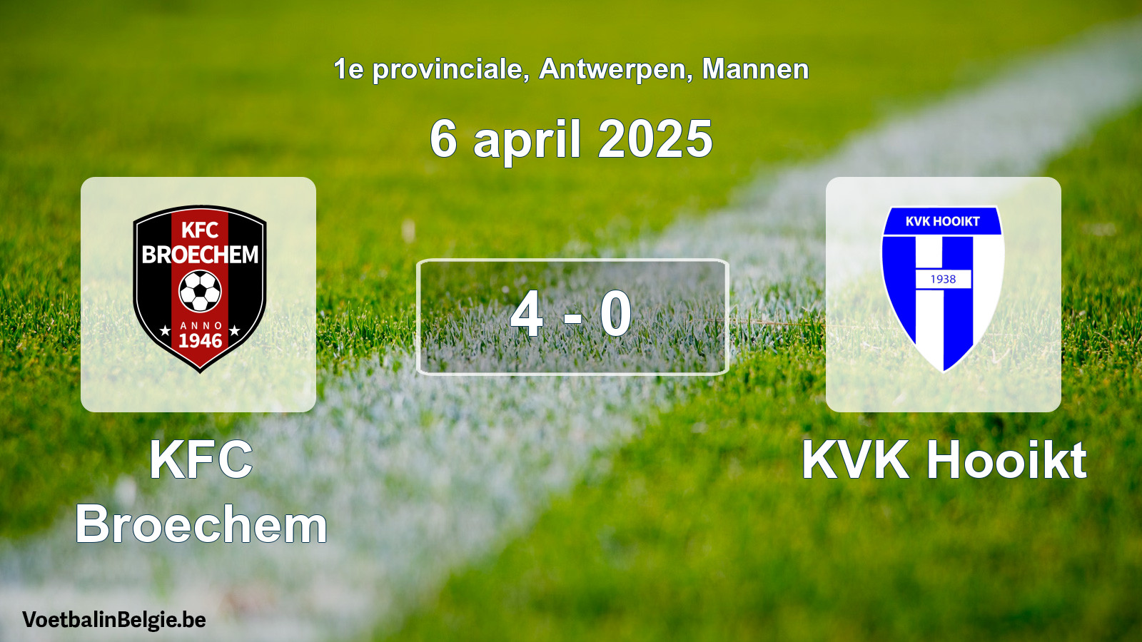 Gespeelde wedstrijd mannenvoetbal: KFC Broechem - KVK Hooikt 4 - 0 (6 april 2025)
