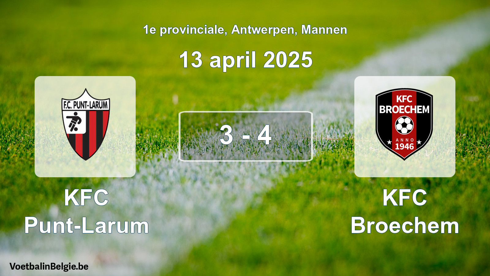 Gespeelde wedstrijd mannenvoetbal: KFC Punt-Larum - KFC Broechem 3 - 4 (13 april 2025)