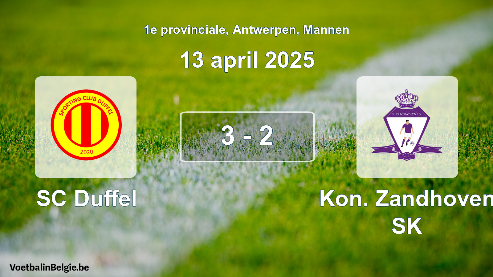 Gespeelde wedstrijd mannenvoetbal: SC Duffel - Kon. Zandhoven SK 3 - 2 (13 april 2025)