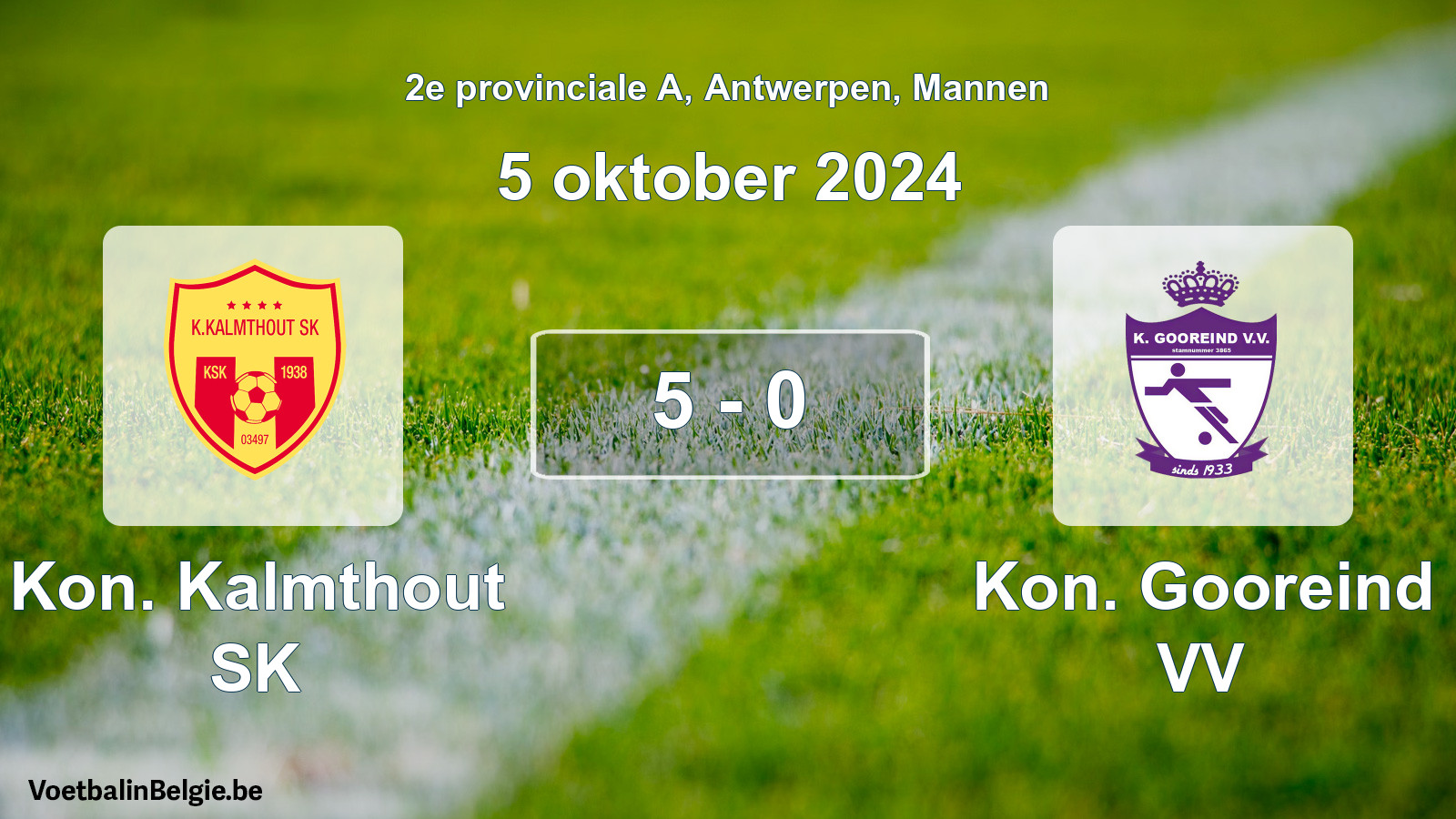 Gespeelde wedstrijd mannenvoetbal: Kon. Kalmthout SK - Kon. Gooreind VV 5 - 0 (5 oktober 2024)